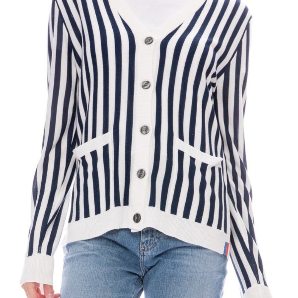 Striped V-Neck Button Front Cardigan Sweater - Navy/White
